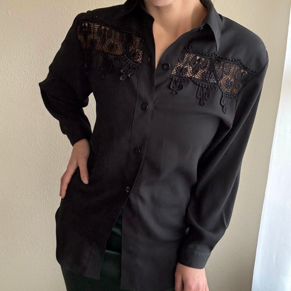 Vintage ESCAPADE Black Lace Button-Up boho western retro grandma rodeo granny